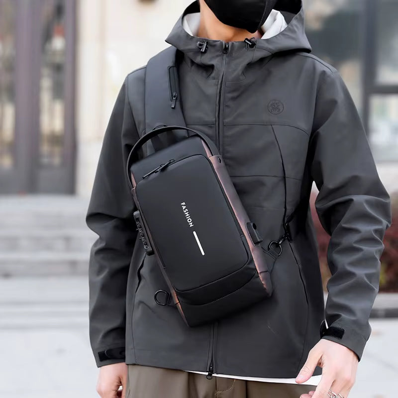 Men'S Anti-Theft Chest Bag with Password Lock & USB Port Waterproof Crossbody Sling Backpack for Travel Work Cycling