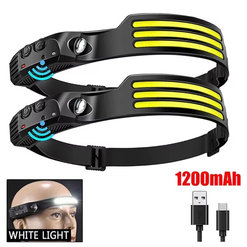COB LED Induction Headlamp with Built-In Battery and USB Rechargeable Feature for Outdoor Activities, Camping, and Fishing