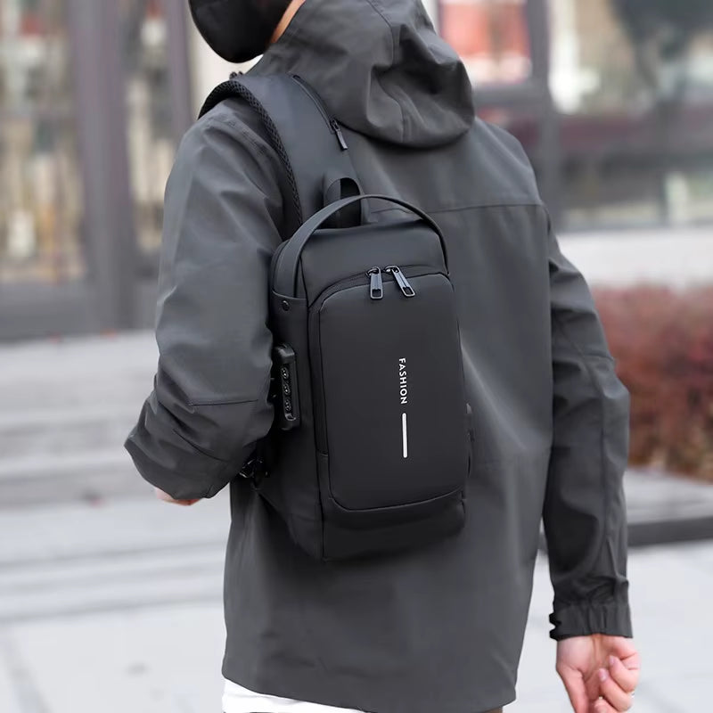 Men'S Anti-Theft Chest Bag with Password Lock & USB Port Waterproof Crossbody Sling Backpack for Travel Work Cycling