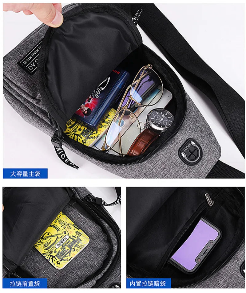 Men's Solid Color Chest Bag - Casual Outdoor Canvas Satchel with Zipper Messenger Design
