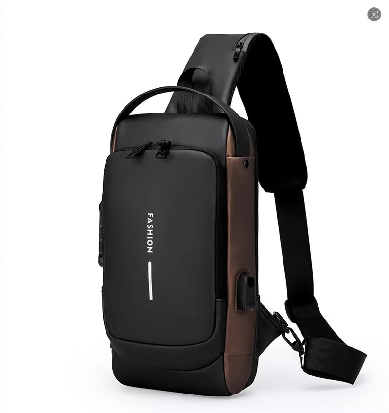 Men'S Anti-Theft Chest Bag with Password Lock & USB Port Waterproof Crossbody Sling Backpack for Travel Work Cycling