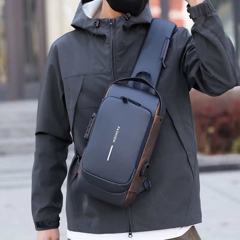 Men'S Anti-Theft Chest Bag with Password Lock & USB Port Waterproof Crossbody Sling Backpack for Travel Work Cycling