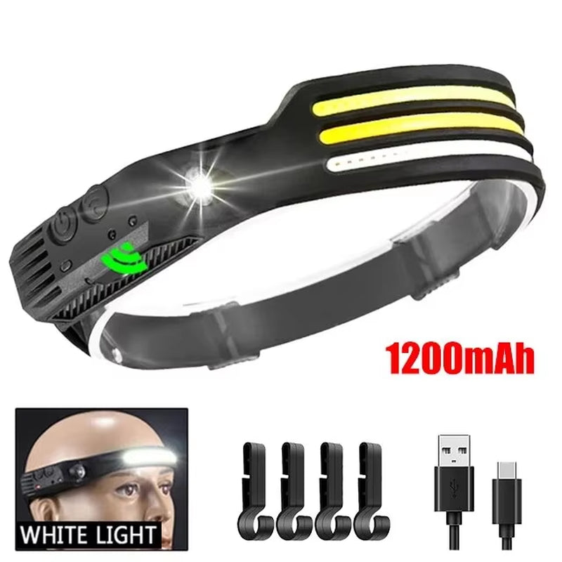COB LED Induction Headlamp with Built-In Battery and USB Rechargeable Feature for Outdoor Activities, Camping, and Fishing