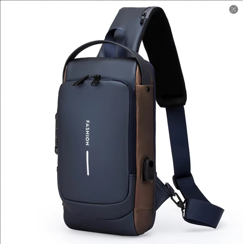 Men'S Anti-Theft Chest Bag with Password Lock & USB Port Waterproof Crossbody Sling Backpack for Travel Work Cycling